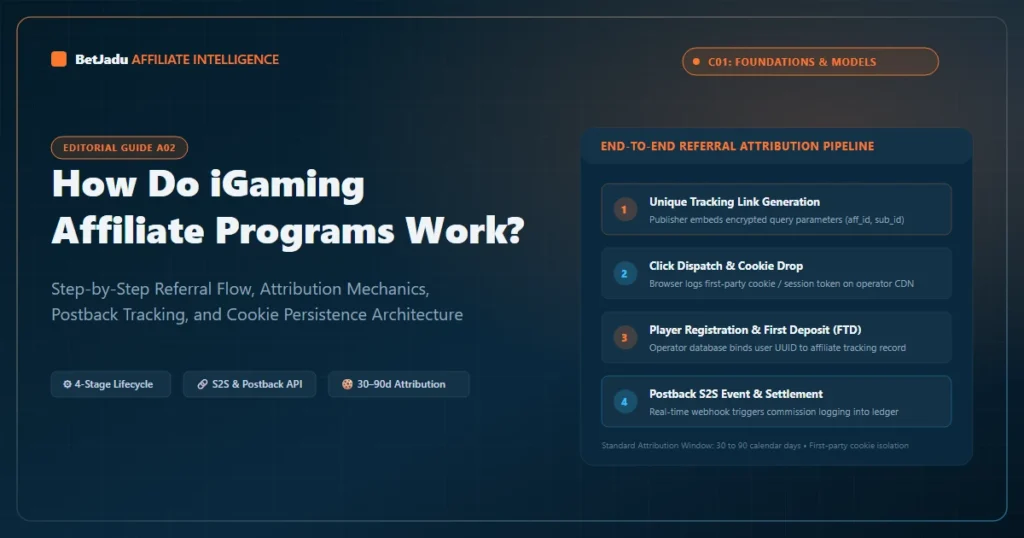 End-to-End iGaming Referral Attribution Pipeline: Tracking Link, Cookie Drop, FTD Registration, Postback S2S Settlement