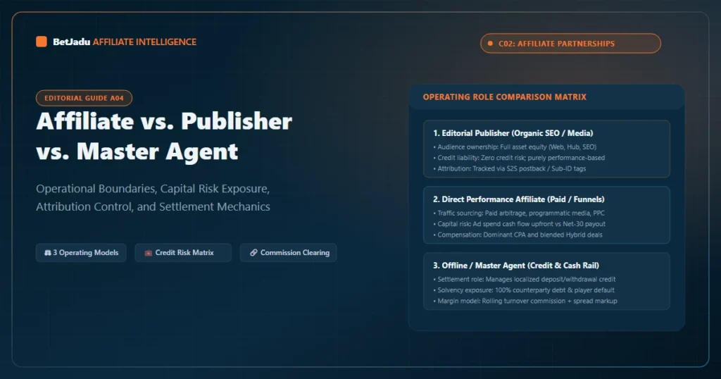 Operational Role Comparison: Editorial Publisher, Performance Affiliate, and Master Agent Credit Models